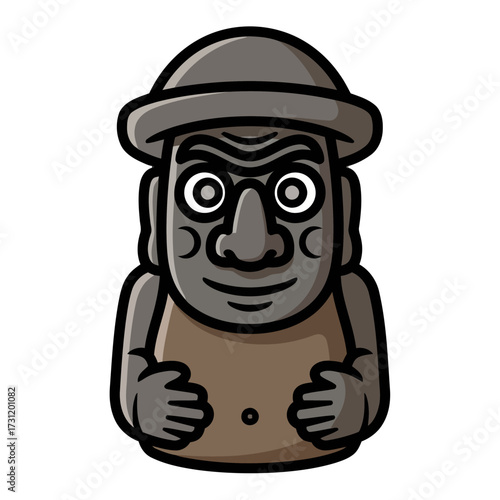 Cartoonstyle stone statue, resembling dol hareubang from jeju island, with rough texture, distinctive facial features, and hat, isolated on transparent