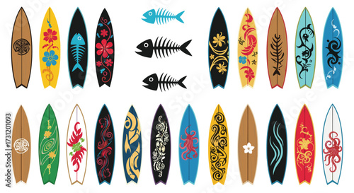 A vibrant collection of surfboards and fish skeletons adorned with colorful and intricate patterns for a seaside theme.