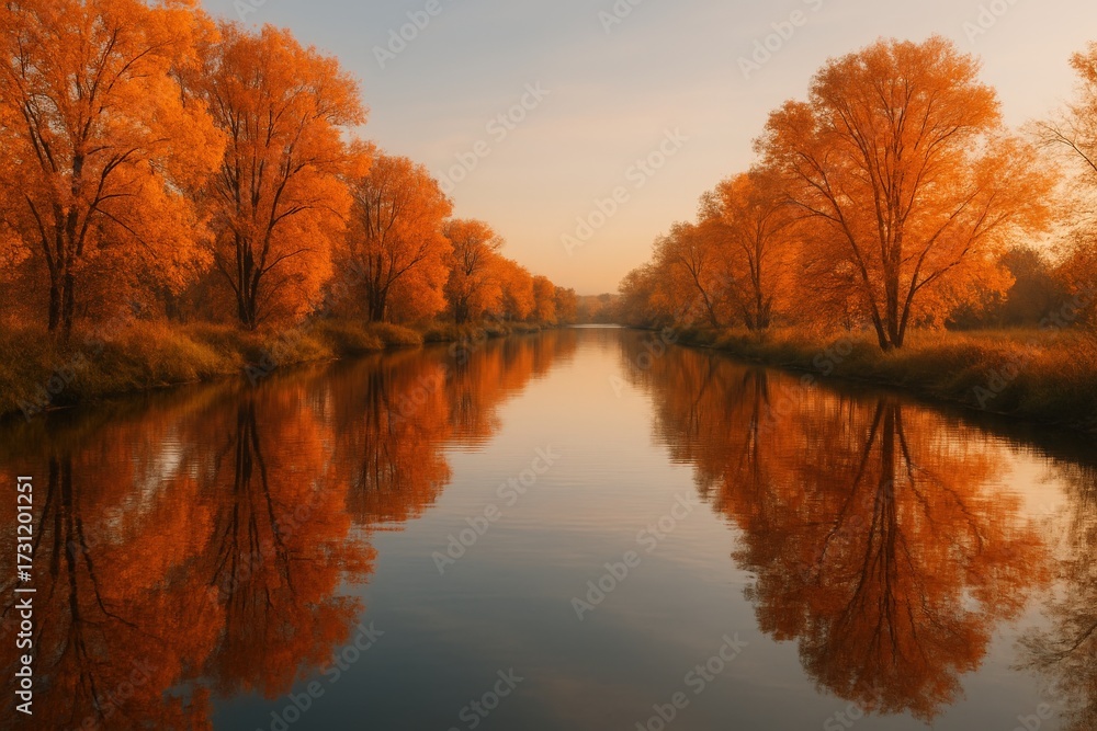 Obraz premium An enchanting autumn landscape featuring vibrant trees mirrored on a serene body of water creates a breathtaking picturesque scenery.