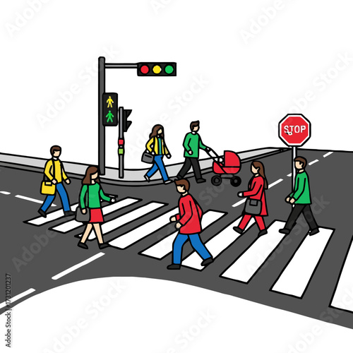 Diverse group people crossing busy city street at pedestrian crossing with traffic lights and stop sign, illustrating urban life and traffic safety rules in stylized