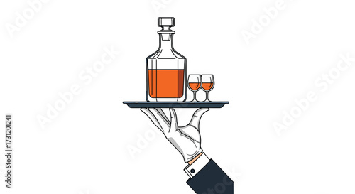 A hand holding a tray with a decanter of amber liquid and two small glasses. .