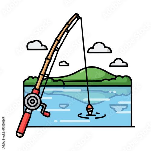 Fishing rod with bobber and bait in the water, with green hills and clouds in the, representing peaceful outdoor activity and hobby