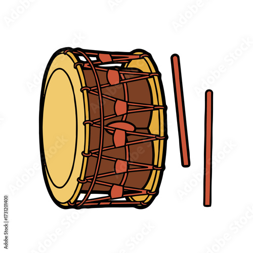 Traditional drum with drumsticks, isolated on transparent, representing musical instruments and percussion