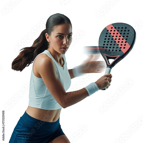 Athletic woman padel player holding a racket in active motion, isolated background