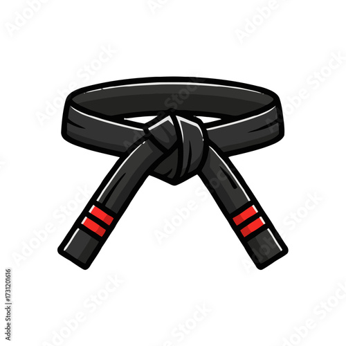 Black martial arts belt with red stripes, tied in knot