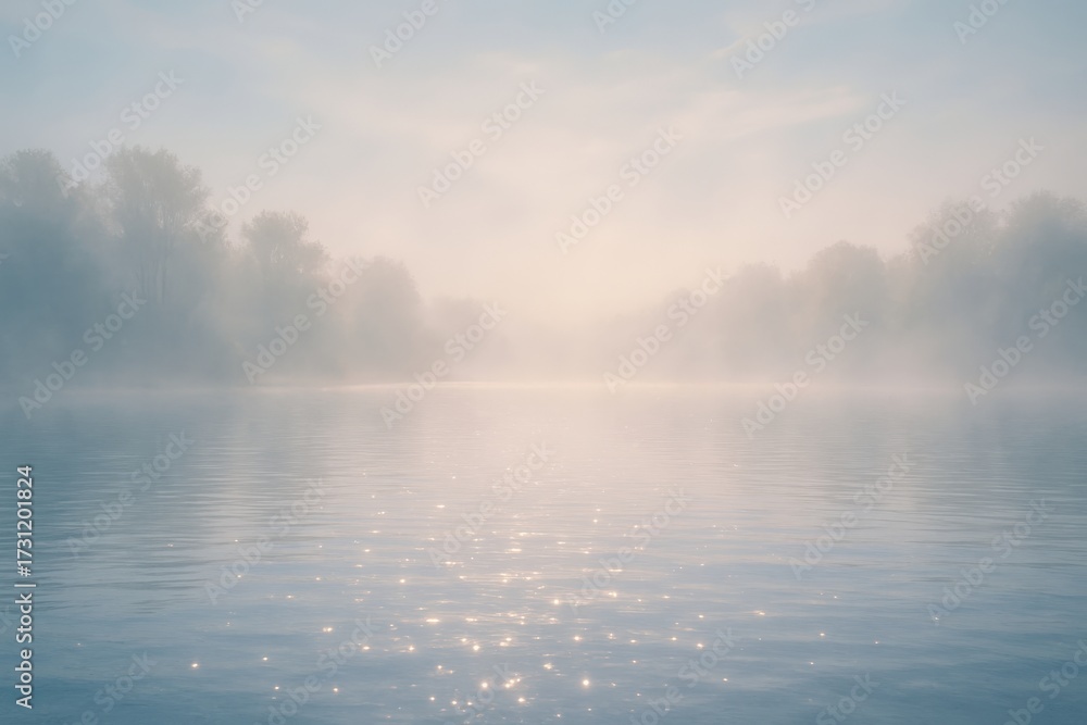 Fototapeta premium A serene lakeside landscape, enveloped in a soft, ethereal fog, and the tranquil water mirroring the subtle hues of the sky above. It’s a place of peace.