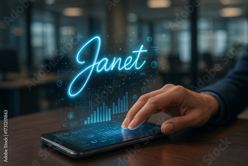 Digitally Enhanced Interaction: A close-up shot captures a hand interacting with a futuristic digital interface, a name glows in a vibrant, artistic display.