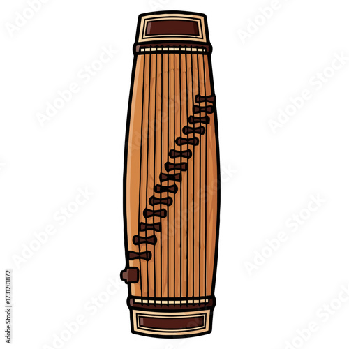 Traditional korean gayageum, twelvestringed zither, depicted as simple, colorful with wooden body and strings arranged diagonally, isolated on transparent