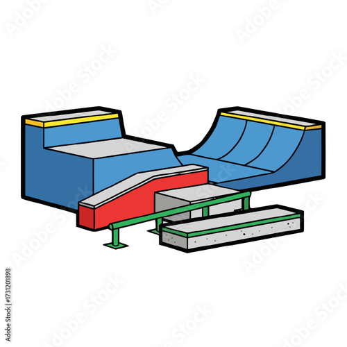 Colorful cartoon skate park obstacle course, featuring ramps, rails, and ledges, designed for skateboarding and extreme sports, isolated on transparent