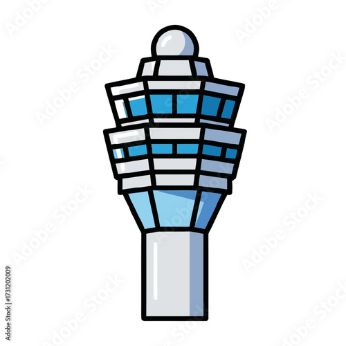 Modern airport control tower, tall, multistory structure with distinctive rounded top and large windows, symbolizing air traffic management and aviation operations