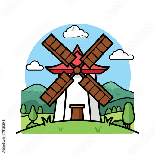 Charming cartoon traditional windmill with large wooden blades, set against backdrop rolling green hills, trees, and bright blue sky with fluffy clouds, evoking pastoral and idyllic countryside scene