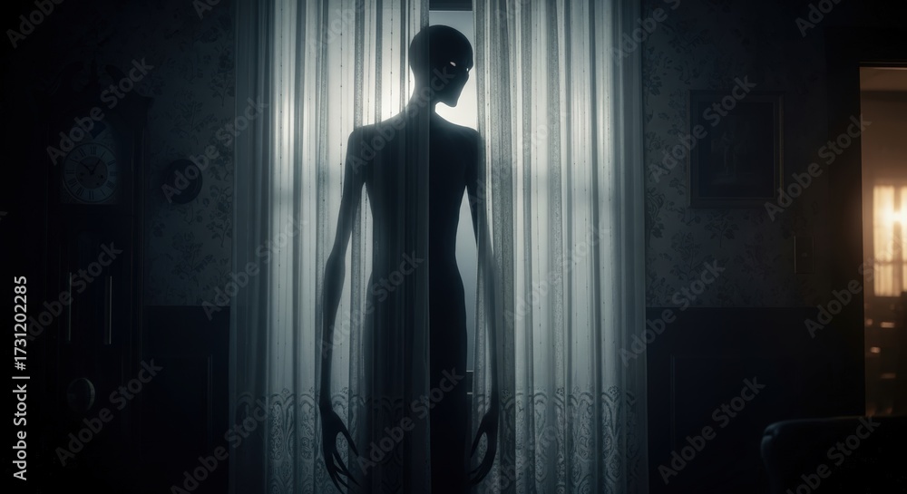 Fototapeta premium A tall, shadowy creature with unnaturally long limbs is silhouetted against a bright window in a dark, unsettling room