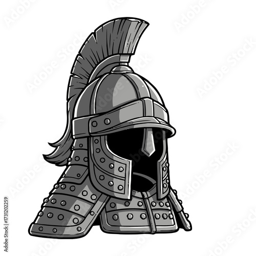 Detailed an ancient roman soldiers helmet, featuring distinctive crest and intricate metalwork, presented in striking monochrome style