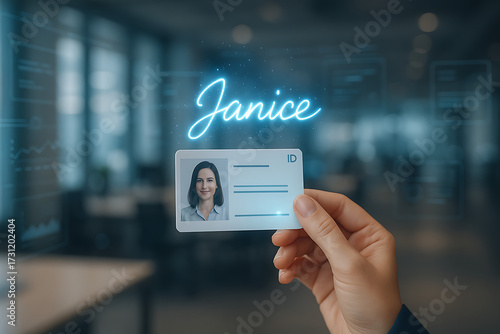 ID Card: Hand delicately holding an ID card with a portrait and name against a softly blurred office backdrop. This image evokes a sense of professionalism and belonging.