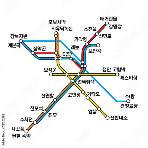 Schematic diagram subway or metro map with multiple colored lines and stations, illustrating complex transportation network
