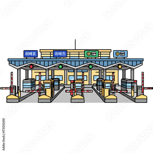 Modern toll booth plaza with multiple lanes and barriers, designed for collecting road tolls from vehicles