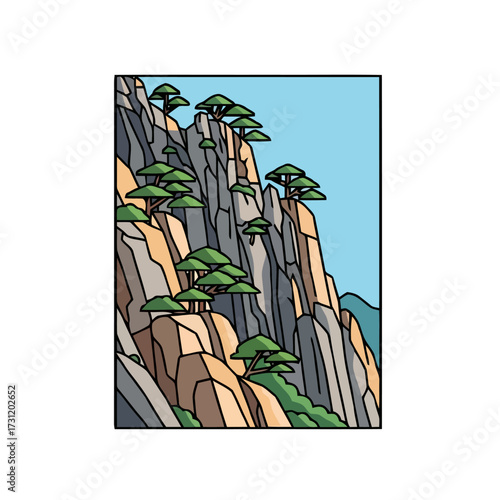 Stylized depicting rugged mountain landscape with steep, rocky cliffs and sparse, resilient pine trees clinging to the slopes under clear blue sky, showcasing natural beauty
