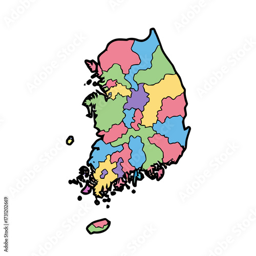 Colorful, stylized map south korea divided into administrative regions, with each region filled with different pastel color, isolated on transparent, representing geography and political divisions