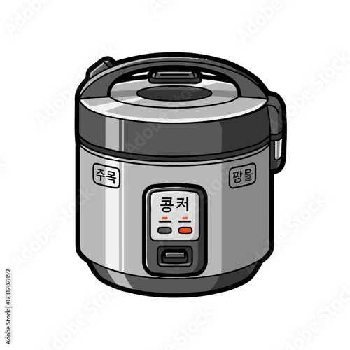 Modern, sleek electric rice cooker with korean text on its control panel, showcasing contemporary kitchen appliance designed for convenience and efficiency, isolated on transparent