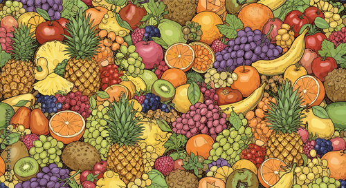 A vibrant and colorful assortment of fresh fruits in a chaotic yet beautiful arrangement.