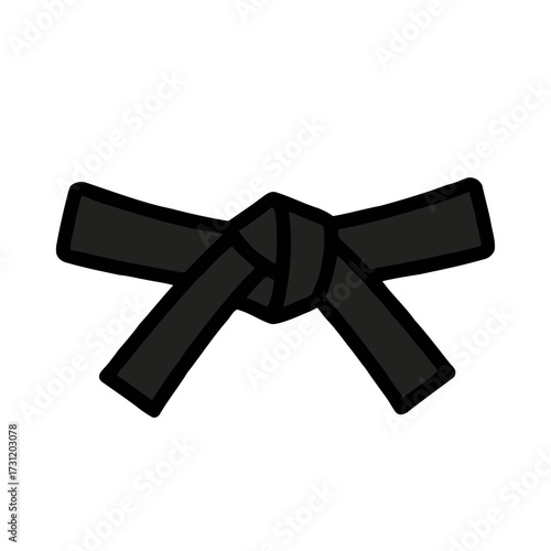 Black martial arts belt tied in knot, with the ends extending outwards, isolated on transparent