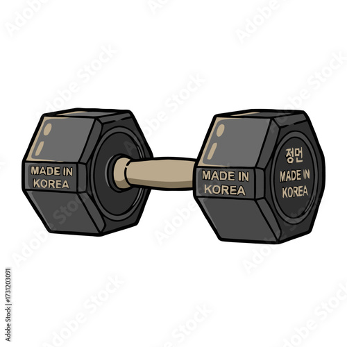 Black dumbbell with hexagonal weights labeled made in korea and korean text, symbolizing strength and national pride in fitness and manufacturing