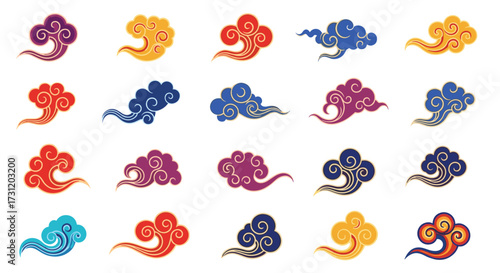 Collection of stylized Asian clouds in vibrant colors and decorative patterns.