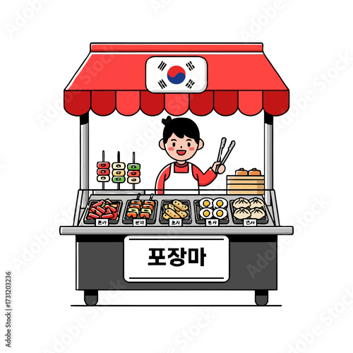 Animated korean street food vendor in red stall, serving various skewers and dishes, with the korean flag and pojangmacha sign