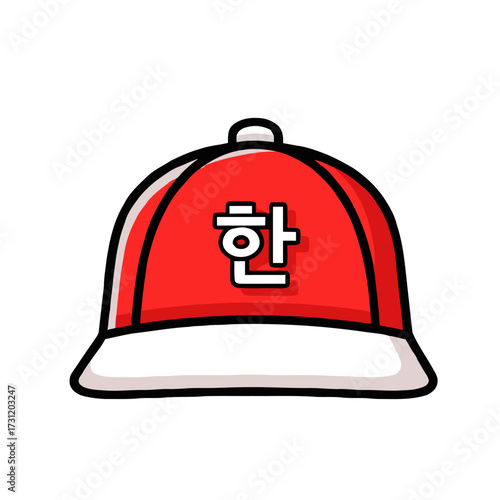 Red baseball cap with brim and the korean word han embroidered on the front