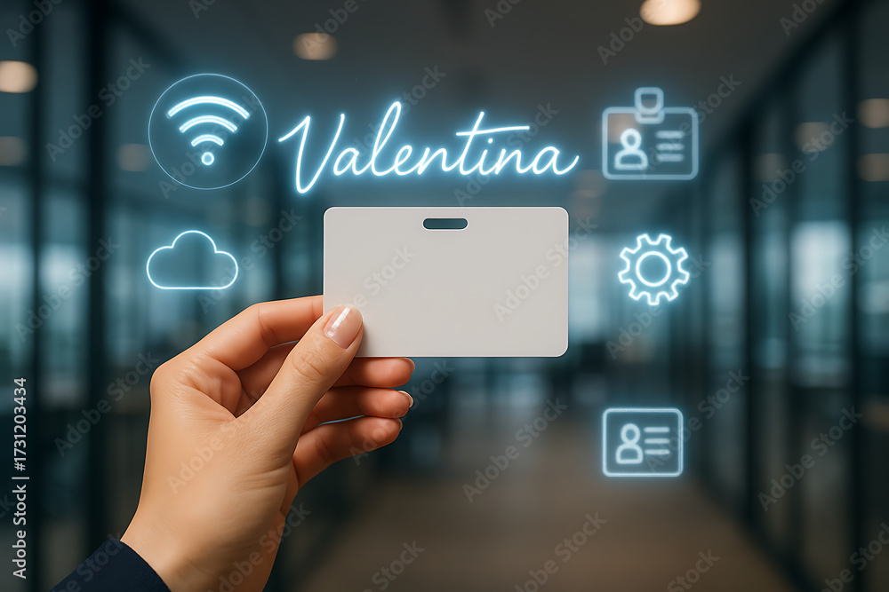 Fototapeta premium ID Card with Conceptual Elements: A hand delicately holds a blank identification card amidst an array of illuminating conceptual symbols, including Wi-Fi, profile icons, a gear, and a cloud.