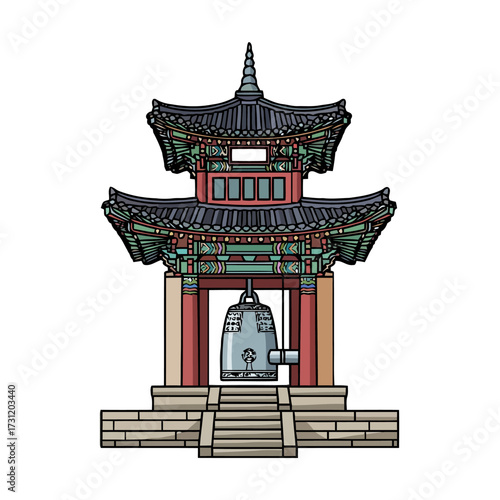 An artistic depiction traditional korean pavilion with tiered roof, intricate details, and large bell hanging inside, set against transparent