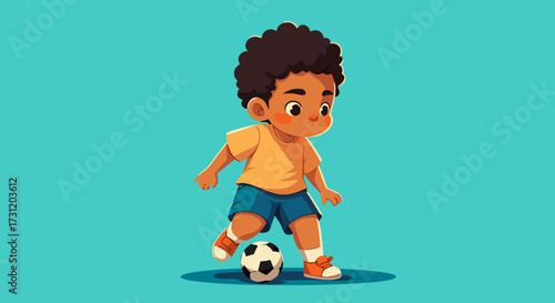 A young boy with curly hair wearing a t-shirt and shorts plays soccer with a ball on a teal background, illustration