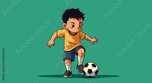 Adorable cartoon boy in yellow shirt skillfully dribbling a soccer ball on a teal background, full body shot