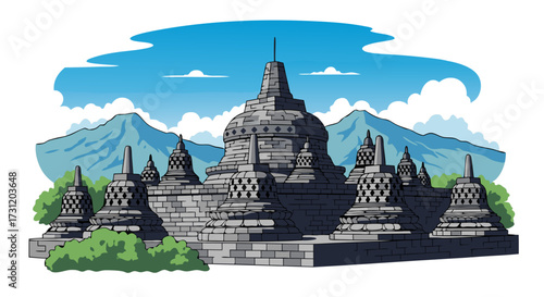 Iconic Indonesian Temple Architecture A Majestic Buddhist Monument Set Against a Scenic Mountain Backdrop