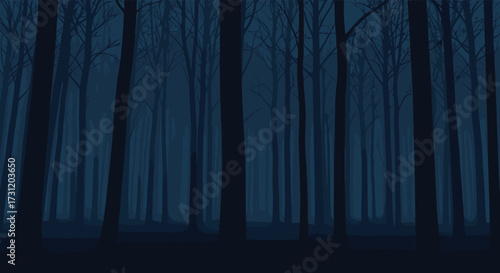 The dark and eerie forest at night with silhouetted trees and fog.
