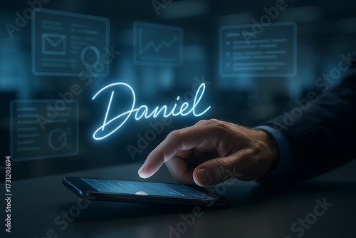 Digital Interaction: An elegant hand gracefully interacts with a sleek smartphone, enveloped in a futuristic digital environment, creating a vivid experience of connectivity and technology