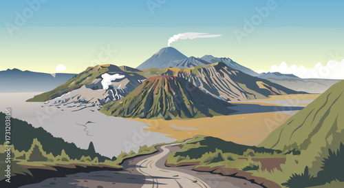 A scenic illustration of multiple volcanic mountains under a clear sky with a winding road leading through the landscape