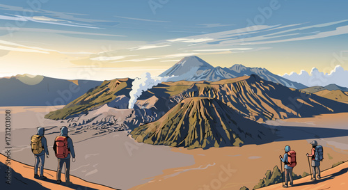 Majestic volcanic landscape with hikers exploring Mount Bromo's caldera under a clear blue sky, a breathtaking natural wonder