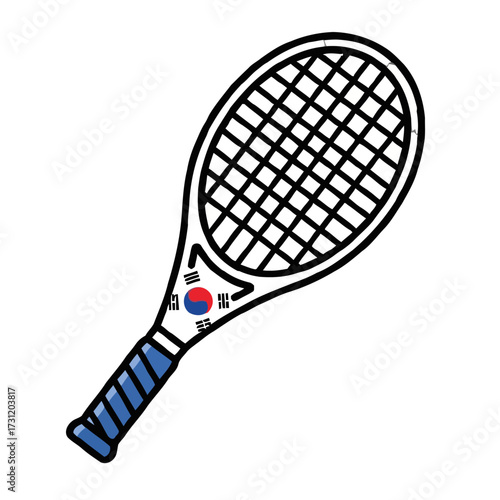 Tennis racket with the south korean flag on the head, representing korean tennis, sports, and national pride