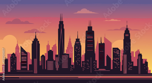 A stylized, retro-futuristic cityscape illustration at sunset, with silhouetted skyscrapers and warm, gradient sky colors, evoking a sense of urban atmosphere and a bygone era of design