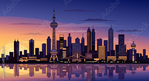 Majestic cityscape illustration at sunset, showcasing modern skyscrapers reflecting on calm water, evoking a sense of urban wonder and metropolitan dynamism
