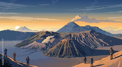 Majestic volcanic landscape at sunrise, featuring multiple craters and plumes of smoke, viewed by silhouetted hikers on a ridge, evoking awe and wonder at the Earth's power