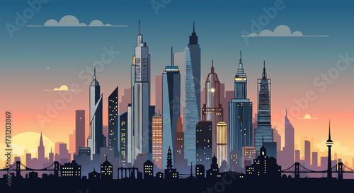 Vibrant Metropolis Skyline at Sunset with Modern Architecture and Cityscape Silhouette against a Warm Orange Sky