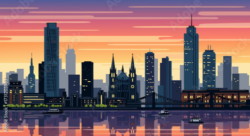 Pixel art cityscape at sunset with reflections in the water, a vibrant and colorful urban skyline illustration
