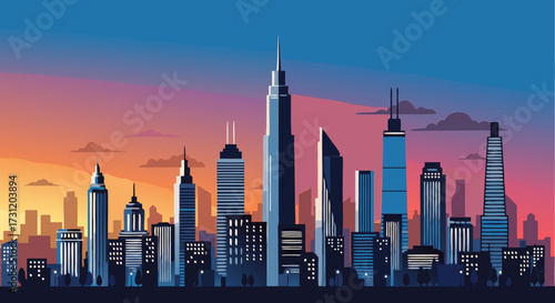 Illustration of a cityscape at sunset with skyscrapers and a warm, vibrant sky, showcasing urban development and modern architecture