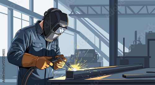 Skilled welder in protective gear meticulously crafts metal structure with sparks flying in a well-lit industrial workshop setting