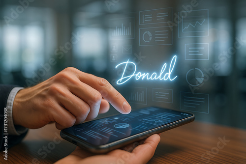 Name Connection: A person connects the name Donald on a smartphone, highlighting technology's role in modern interactions, symbolizing personalized communication, with a focus on connectivity, data.
