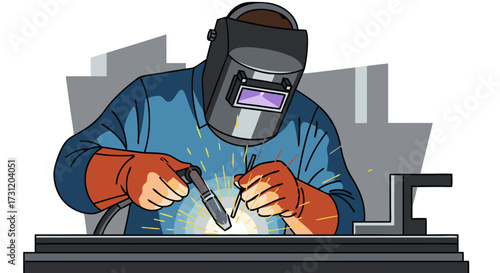 Illustration of a welder performing a welding operation with sparks flying, highlighting precision and craftsmanship in metalworking
