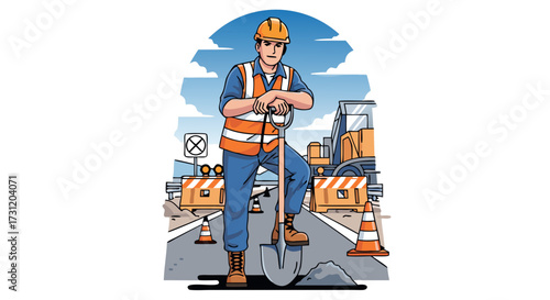 Construction worker standing with shovel on road repairs, concept of building, infrastructure development, and civil engineering profession
