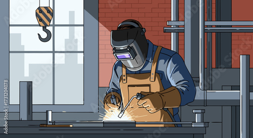 A skilled welder wearing a protective mask and apron works with a torch, creating sparks and a bright light in an industrial setting